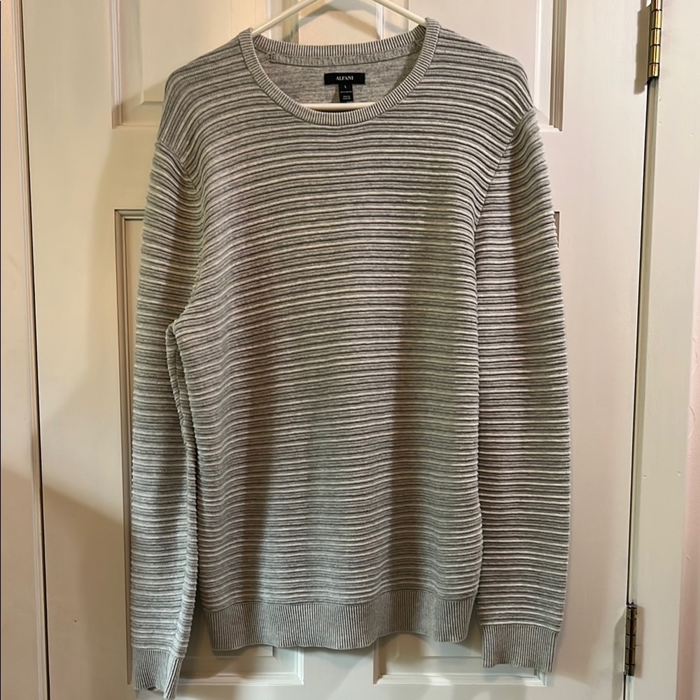 Alfani Cotton Gray Crewneck Sweater with Textured Ribbed Stripes - Size Large